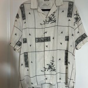 Abercrombie & Fitch White Short-Sleeve Button-Down with Black Floral Grid